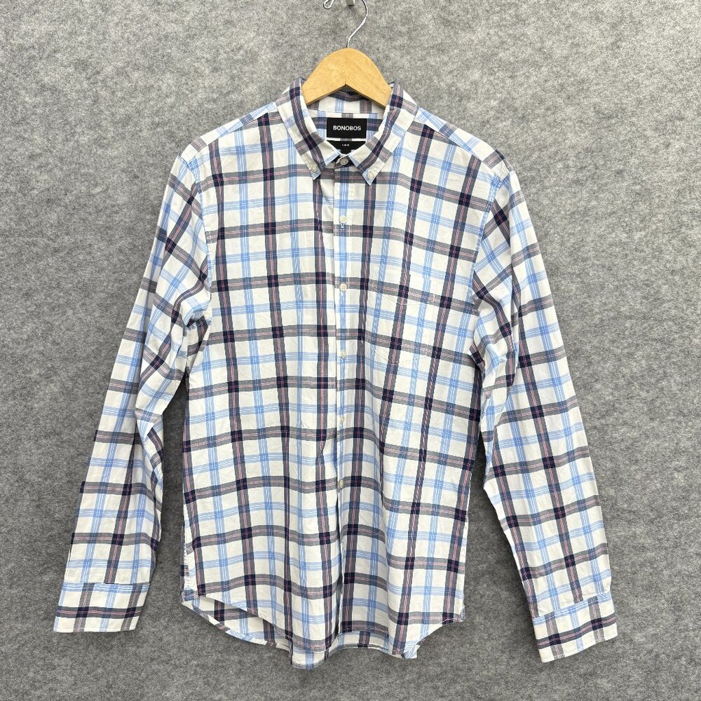 Bonobos Men's Button Up Casual Shirt, Slim Fit, 100% Cotton, Blue White, Size L